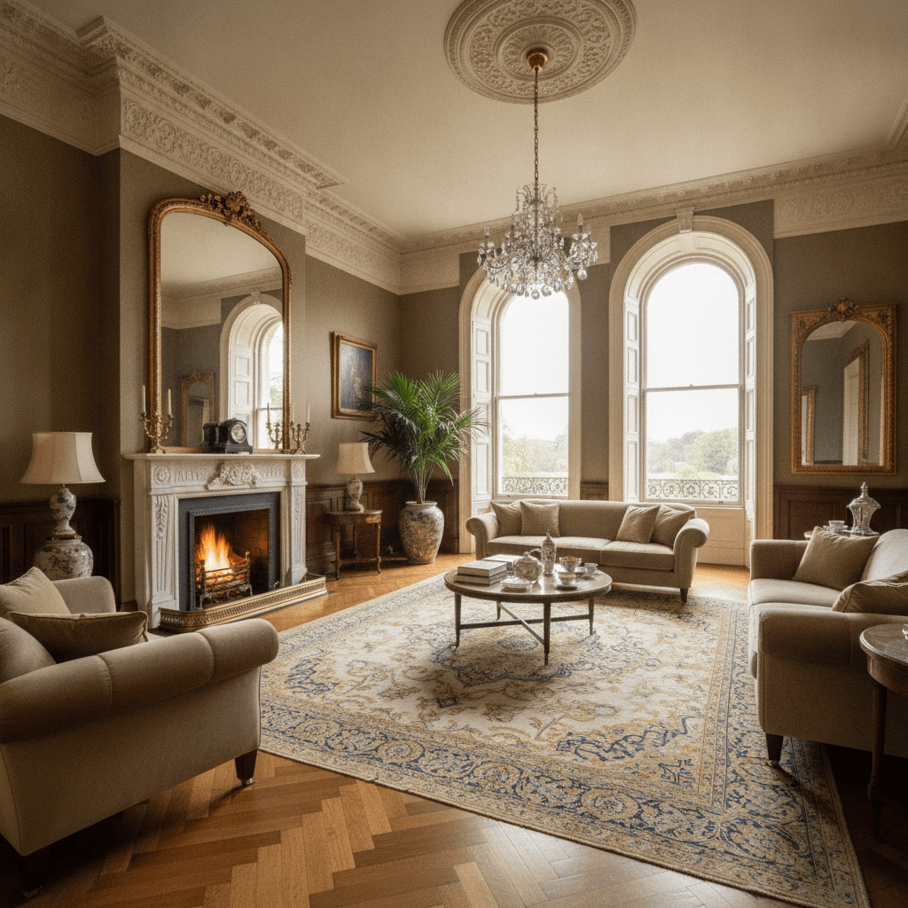 Interior of an elegant Victorian period home with high ceilings and tall sash windows