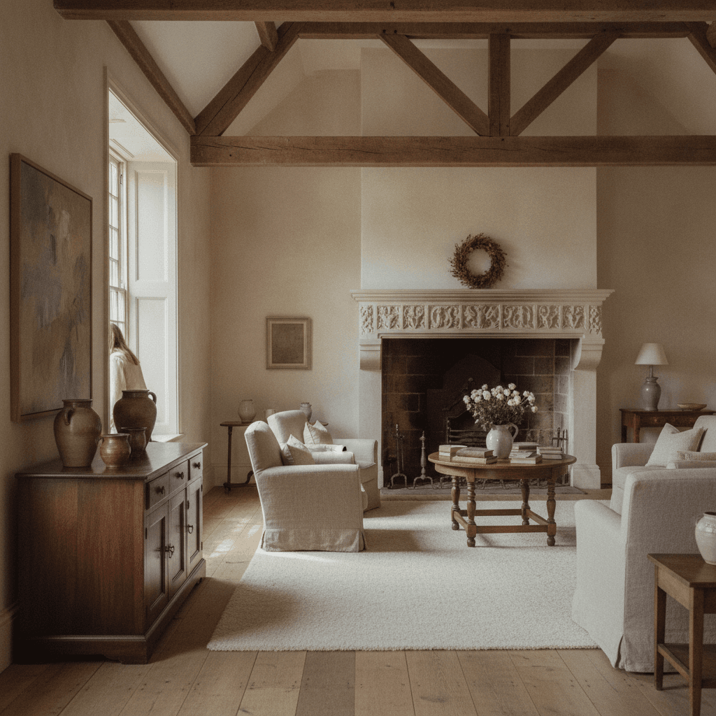 Interior of a characterful period home in Totnes with exposed beams and original features