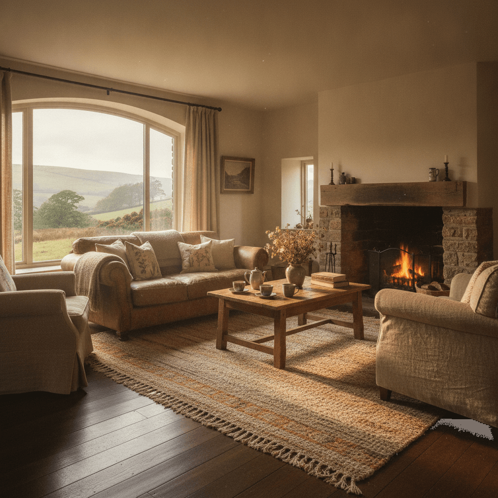 A warm country home interior on the edge of Dartmoor with a view of green hills