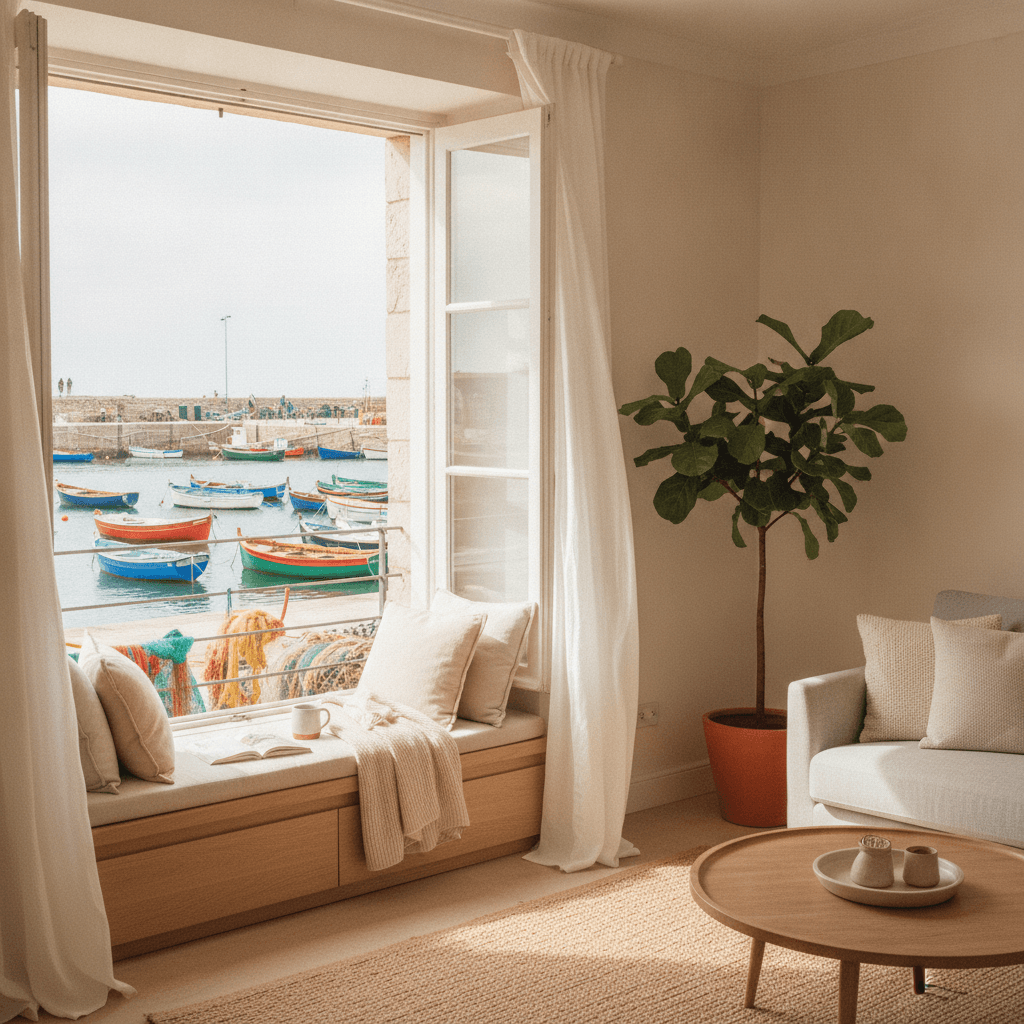 A bright home interior with a window overlooking a colourful fishing harbour