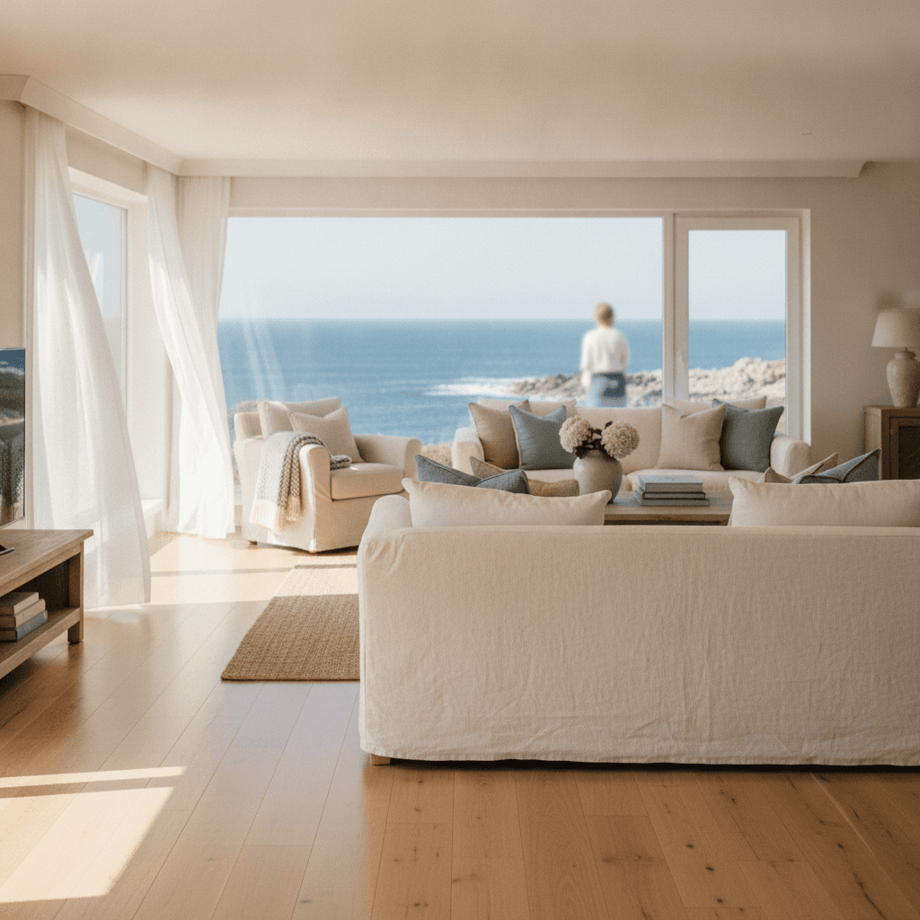A bright, airy Devon coastal home interior with a glimpse of the sea through the window