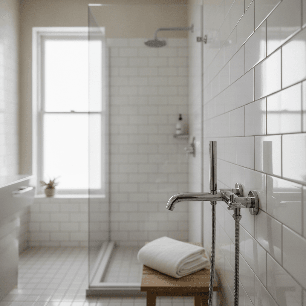 An immaculate deep-cleaned bathroom with gleaming tiles and chrome fittings