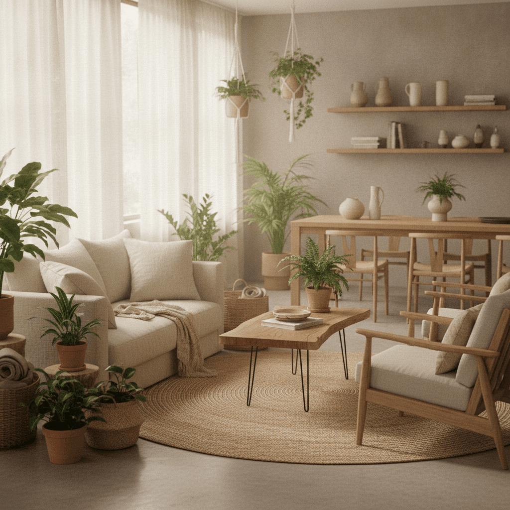 A bright, natural home interior with houseplants and natural wood and linen materials