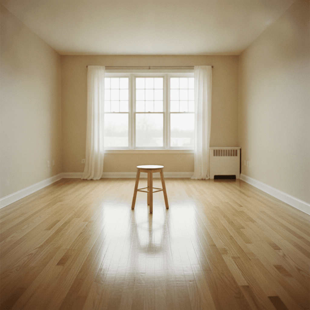 An empty, spotless rental room with a polished wooden floor and bright window