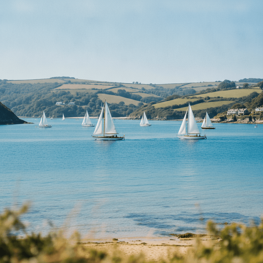 A stunning view of the Salcombe estuary in the South Hams with sailing boats on blue water