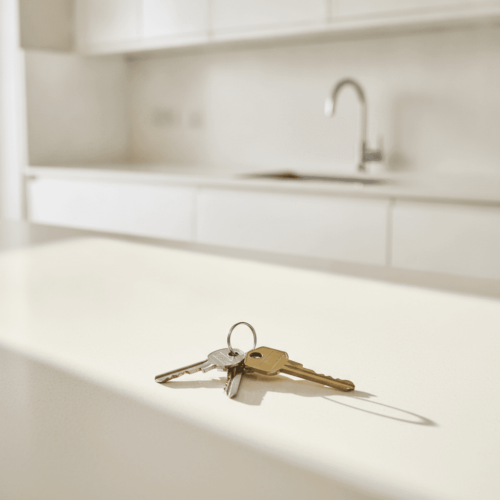 A set of house keys on a clean kitchen worktop in an empty, immaculate rental property