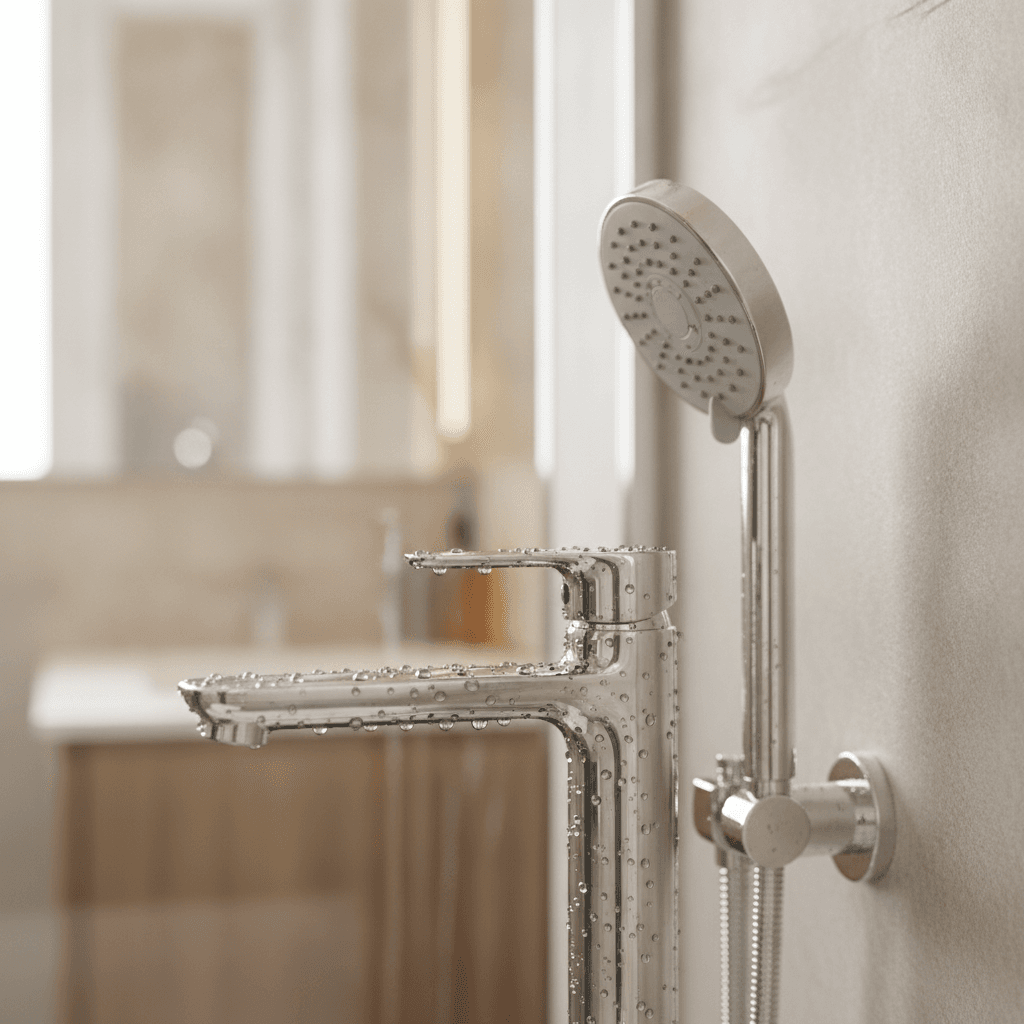 A gleaming polished chrome tap and showerhead with clean water droplets in a bright bathroom