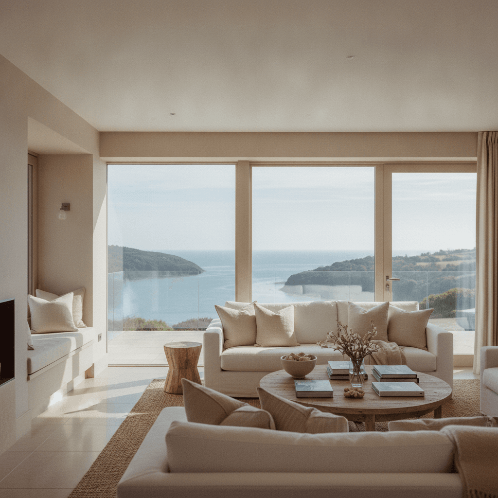 A luxury coastal holiday home interior with a sea view near a Devon estuary