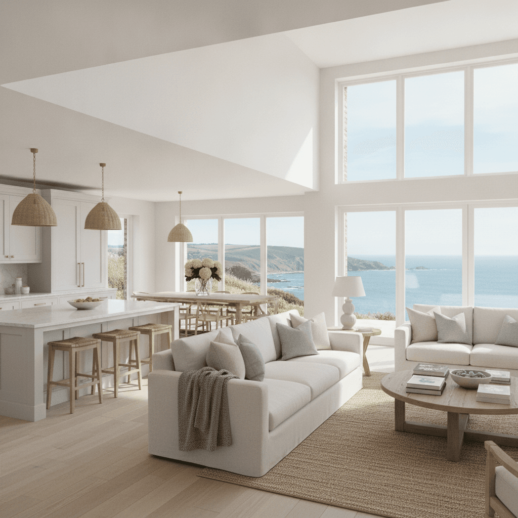 A bright, tidy open-plan living room and kitchen in a coastal South Devon home
