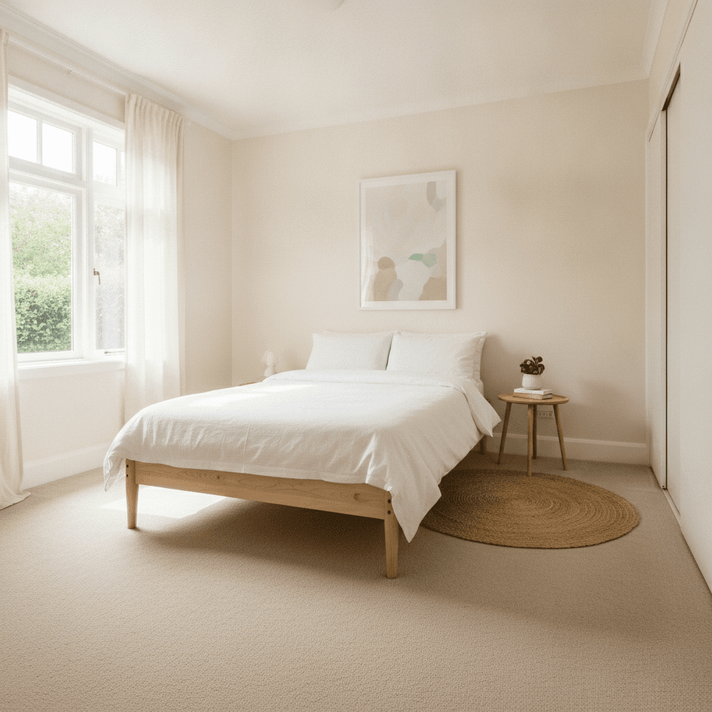 An empty, freshly cleaned bright bedroom in a rental property with neutral decor