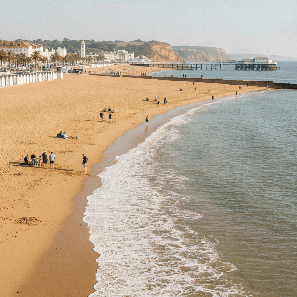 A wide sandy beach and seafront at Paignton on a sunny day