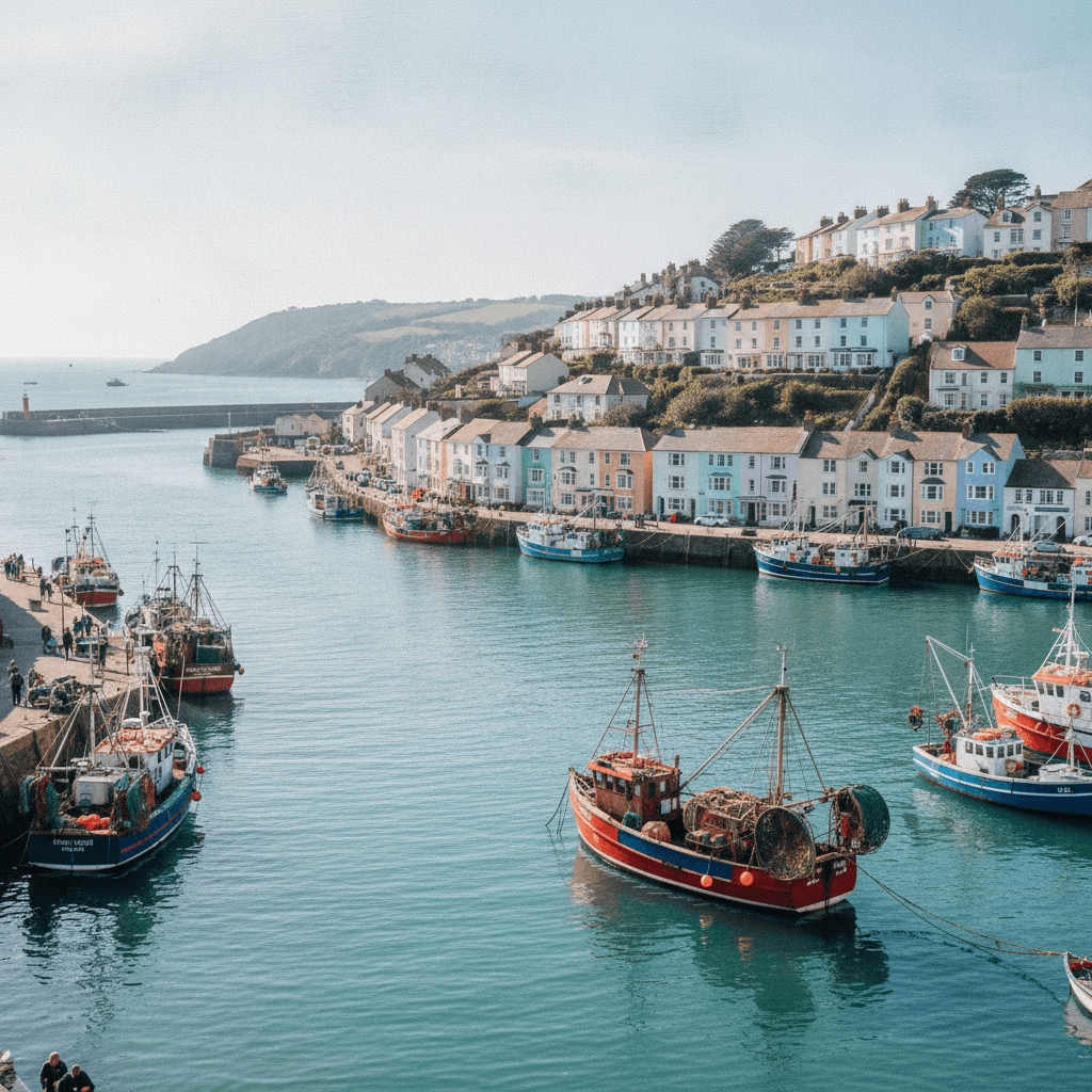 Brixham's colourful harbour with fishing boats and pastel houses on the hillside