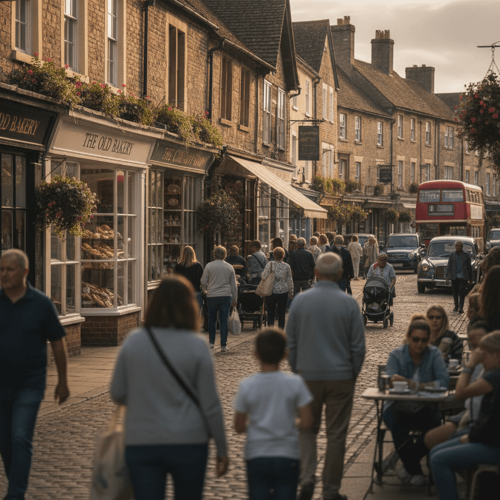 A charming English market town high street with traditional shopfronts