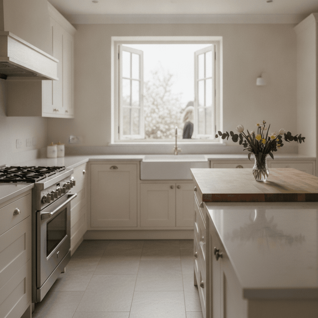 A sparkling clean kitchen with an open window, fresh spring light and a vase of flowers
