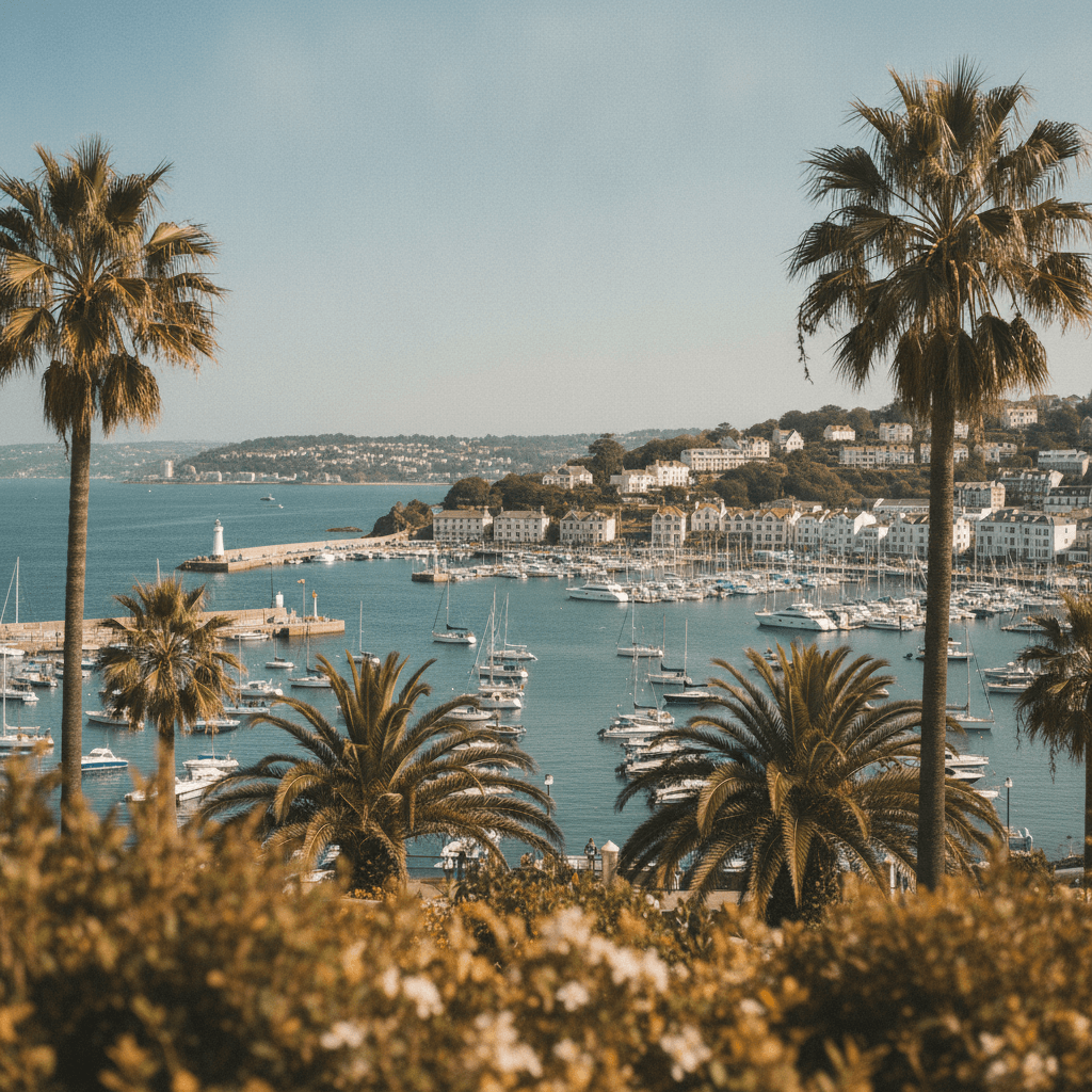 Torquay harbour and marina on the English Riviera with palm trees and a blue sky