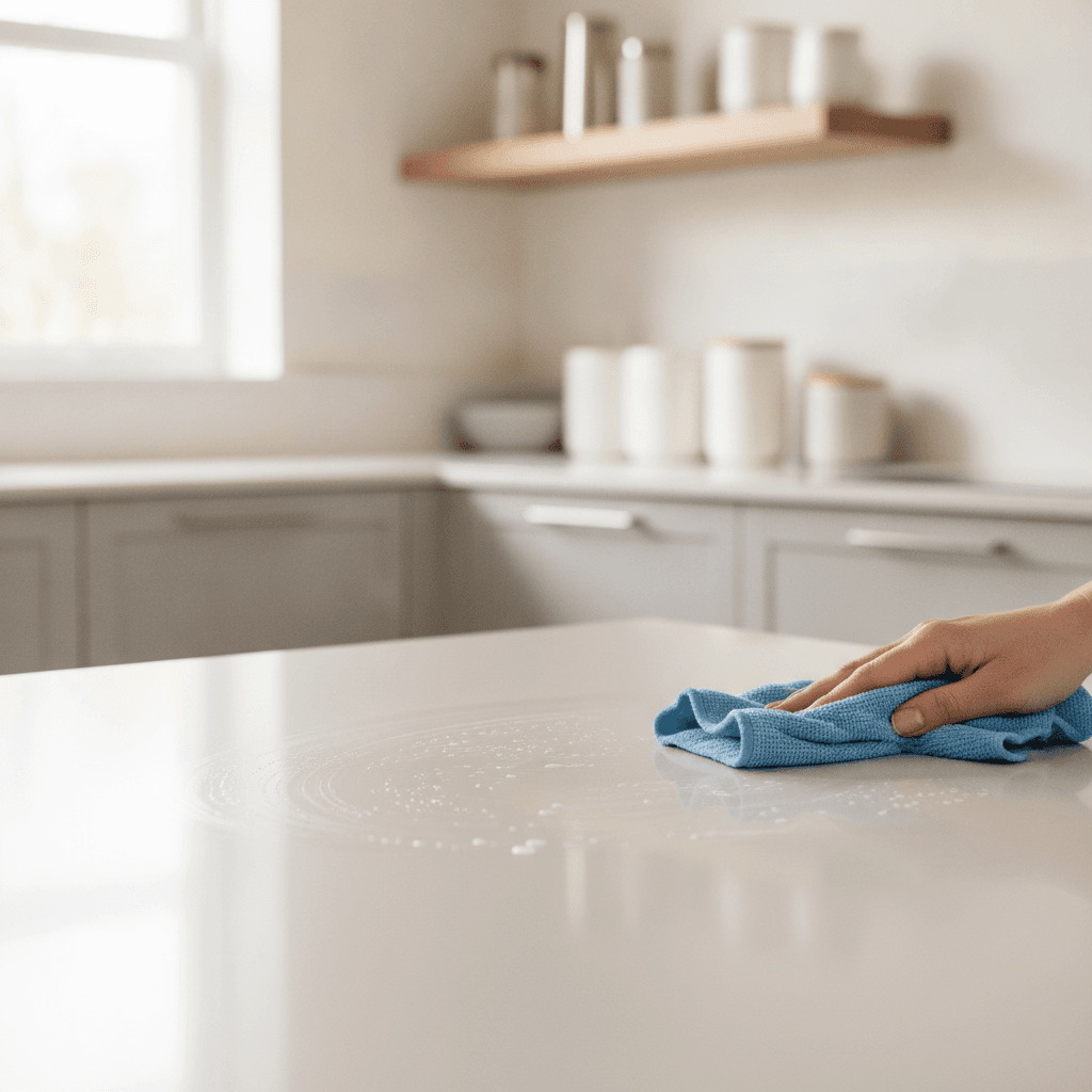 A microfibre cloth wiping a sparkling kitchen worktop in a bright modern home